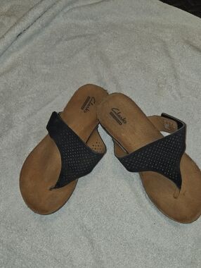 Clarks Black Perforated Suede Thong Sandals